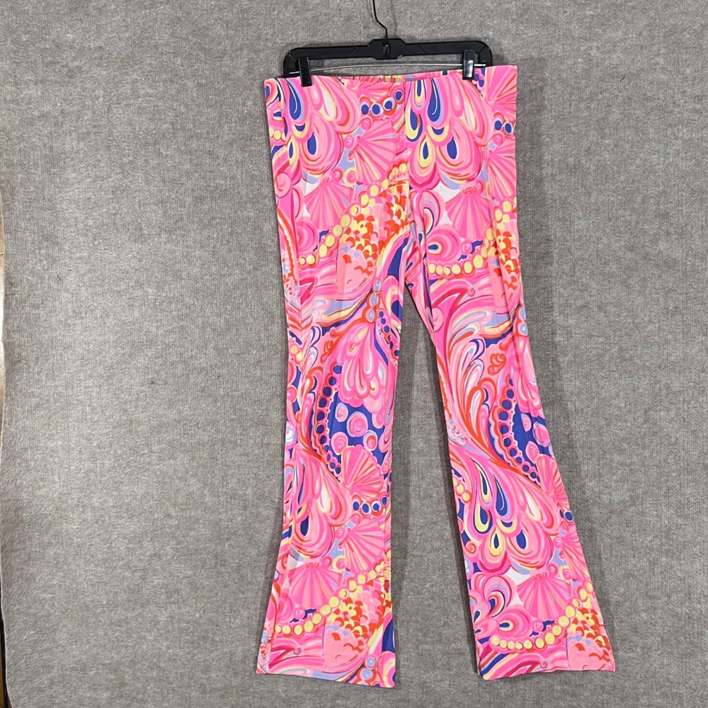 Lilly Pulitzer Reef Retreat Casual Flare Pants L Pink Blue Shell Print Stretch - Picture 1 of 10